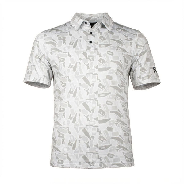 Detail shot of tonal beer camo pattern on a white performance golf shirt.