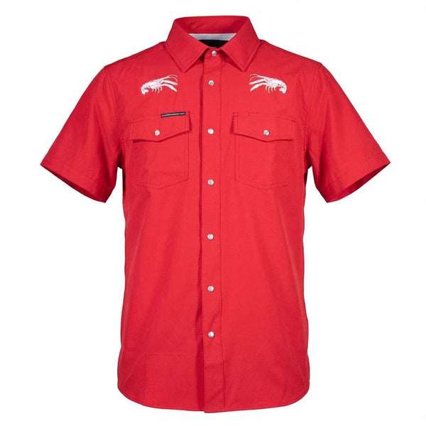 Men's short sleeve performance pearl snap shirt with Crawfish embrodery.