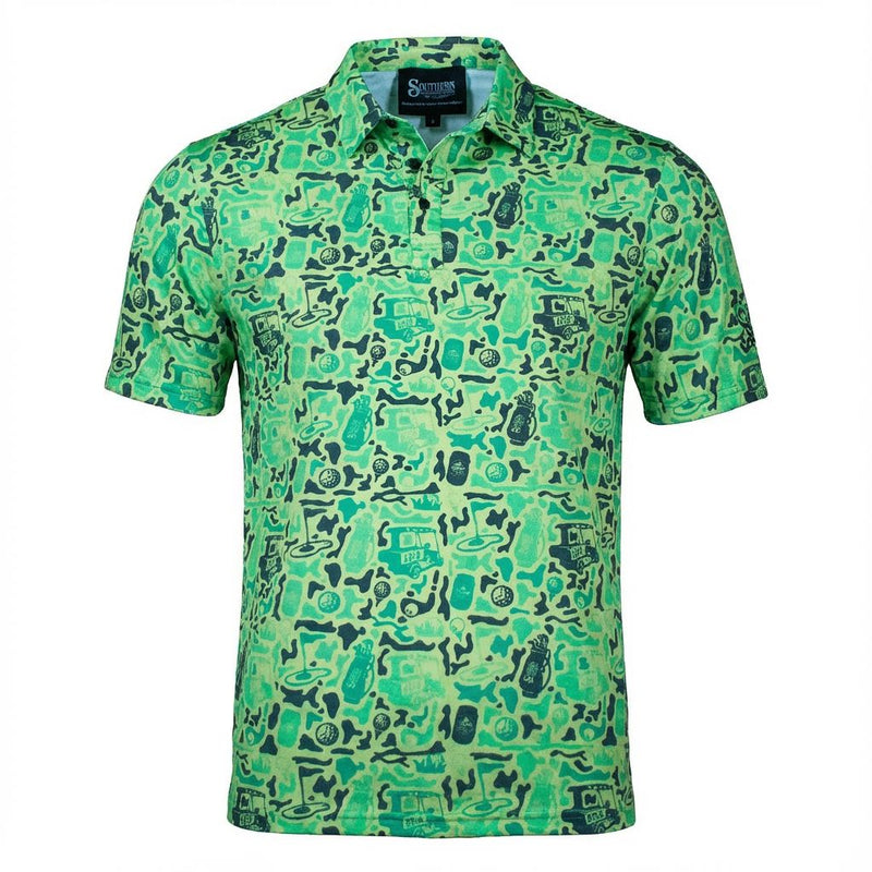 Men's Bright Green performance golf polo with beer cart and golf flag camo pattern.