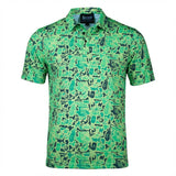 Men's Bright Green performance golf polo with beer cart and golf flag camo pattern.
