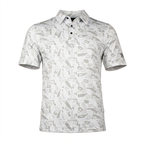 Detail shot of tonal beer camo pattern on a white performance golf shirt.
