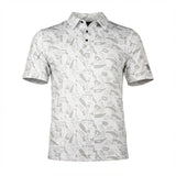 Detail shot of tonal beer camo pattern on a white performance golf shirt.