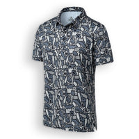 A short-sleeve button-up shirt with an all-over camo pattern of gray, black, and white beer bottles and cans , displayed on a white background.
