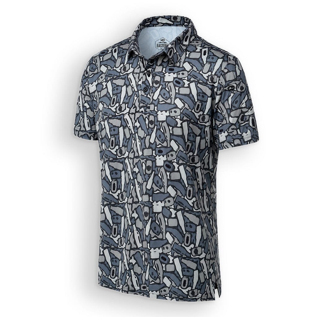 A short-sleeve button-up shirt with an all-over camo pattern of gray, black, and white beer bottles and cans , displayed on a white background.
