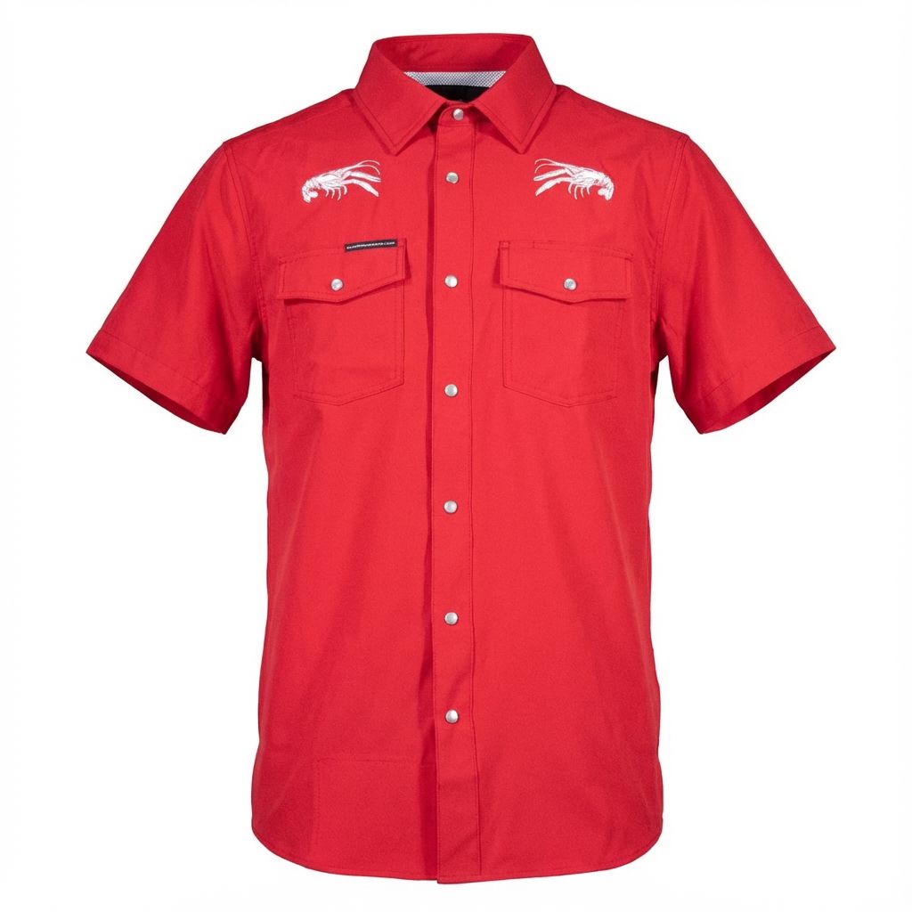 Men's short sleeve performance pearl snap shirt with Crawfish embrodery.