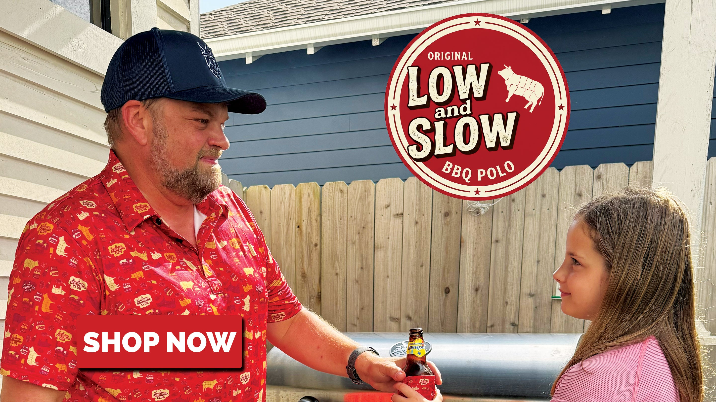 Man in red shirt and navy cap interacting with a young girl outdoors, with 'Low and Slow' BBQ Polo branding.