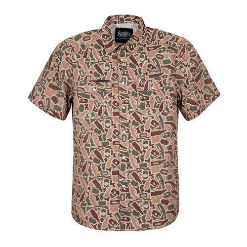 Men's short sleeve performance pearl snap shirt in Beer Camo pattern.