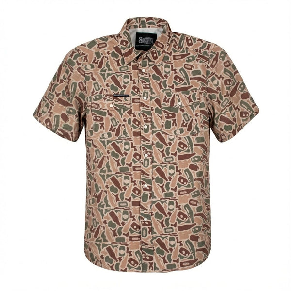 Men's short sleeve performance pearl snap shirt in Beer Camo pattern.