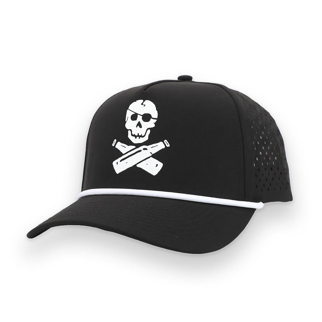 A black trucker-style baseball cap with a white embroidered skull and crossbones graphic on the front, a white horizontal rope across the brim, and perforated side panels.