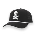A black trucker-style baseball cap with a white embroidered skull and crossbones graphic on the front, a white horizontal rope across the brim, and perforated side panels.