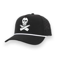 A black trucker-style baseball cap with a white embroidered skull and crossbones graphic on the front, a white horizontal rope across the brim, and perforated side panels.