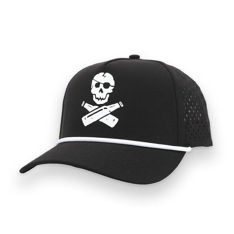 A black trucker-style baseball cap with a white embroidered skull and crossbones graphic on the front, a white horizontal rope across the brim, and perforated side panels.