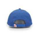Blue baseball cap with a visible brand label on a white background