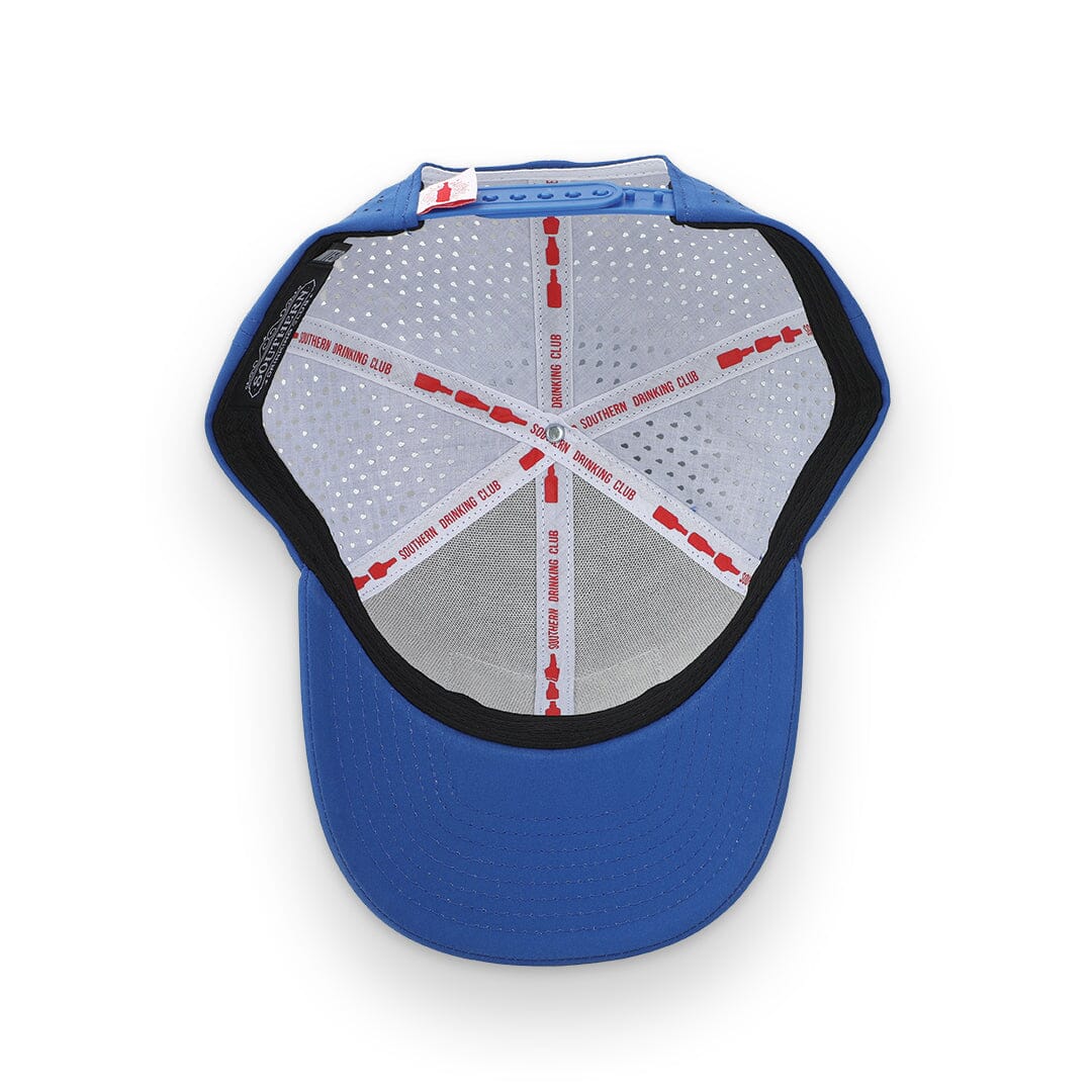 Blue baseball cap with a detailed interior design on a white background
