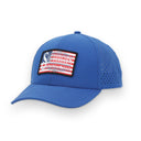 Front view of the Southern Drinking Club Old Glory Performance Hat in royal blue featuring a vintage American flag patch and laser-perforated mesh back.