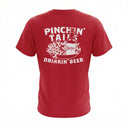 Back of red t-shirt featuring white weathered graphic of a crawfish tray, beer bottle, and the text Pinchan' Tails Drinkin' Beer.