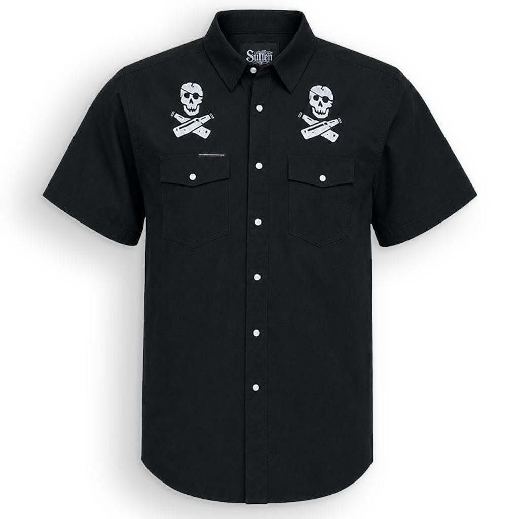 A black short-sleeve button-up shirt with two white skull and crossbones patches on the chest, displayed on a clean white background.
