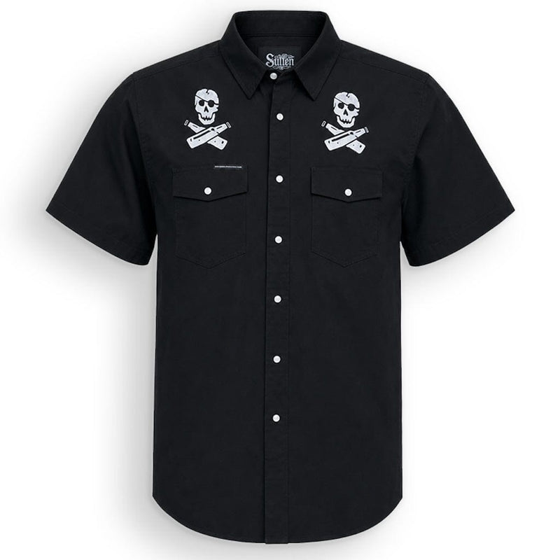 A black short-sleeve button-up shirt with two white skull and crossbones patches on the chest, displayed on a clean white background.
