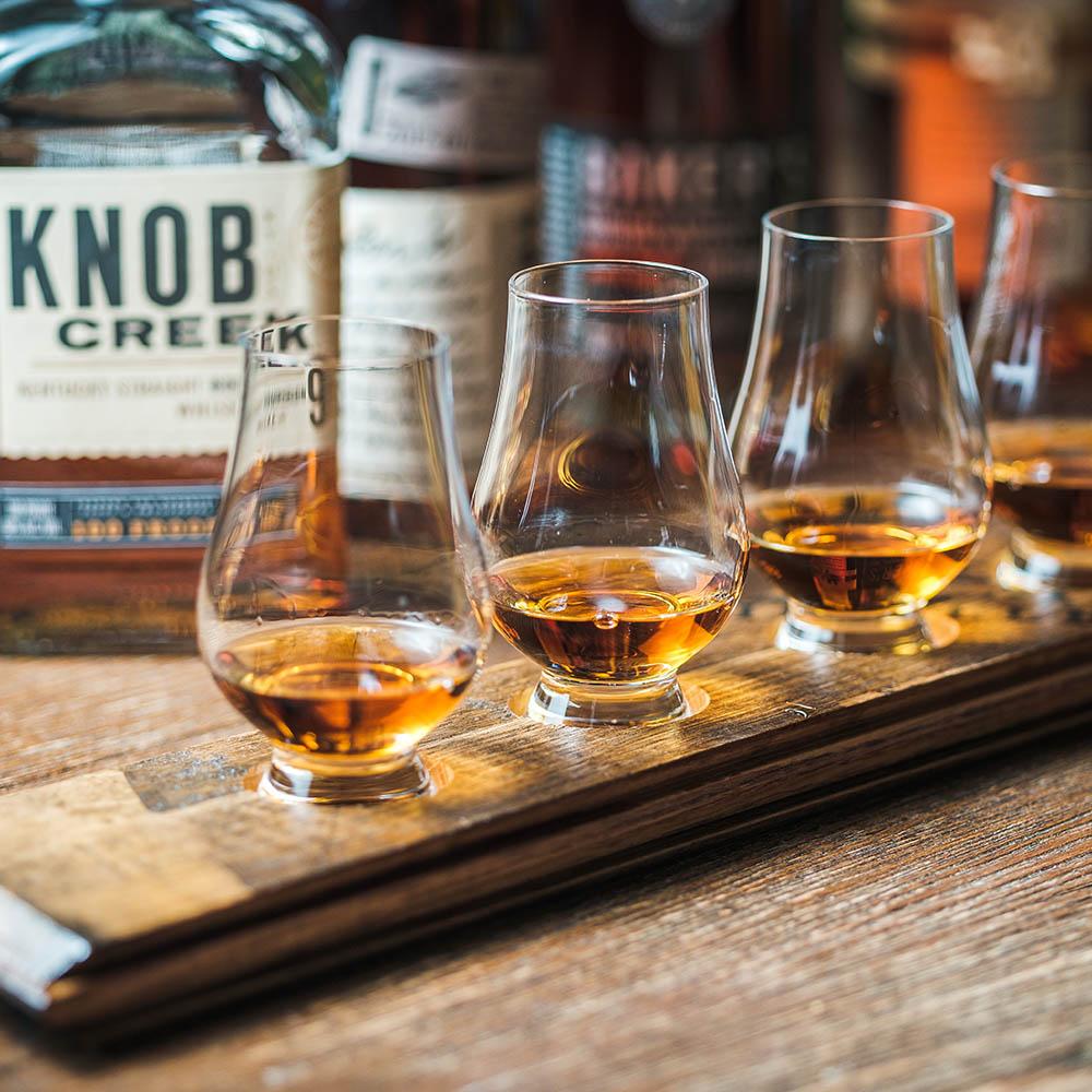 Whiskey Flight Tray with Glasses and Bourbon