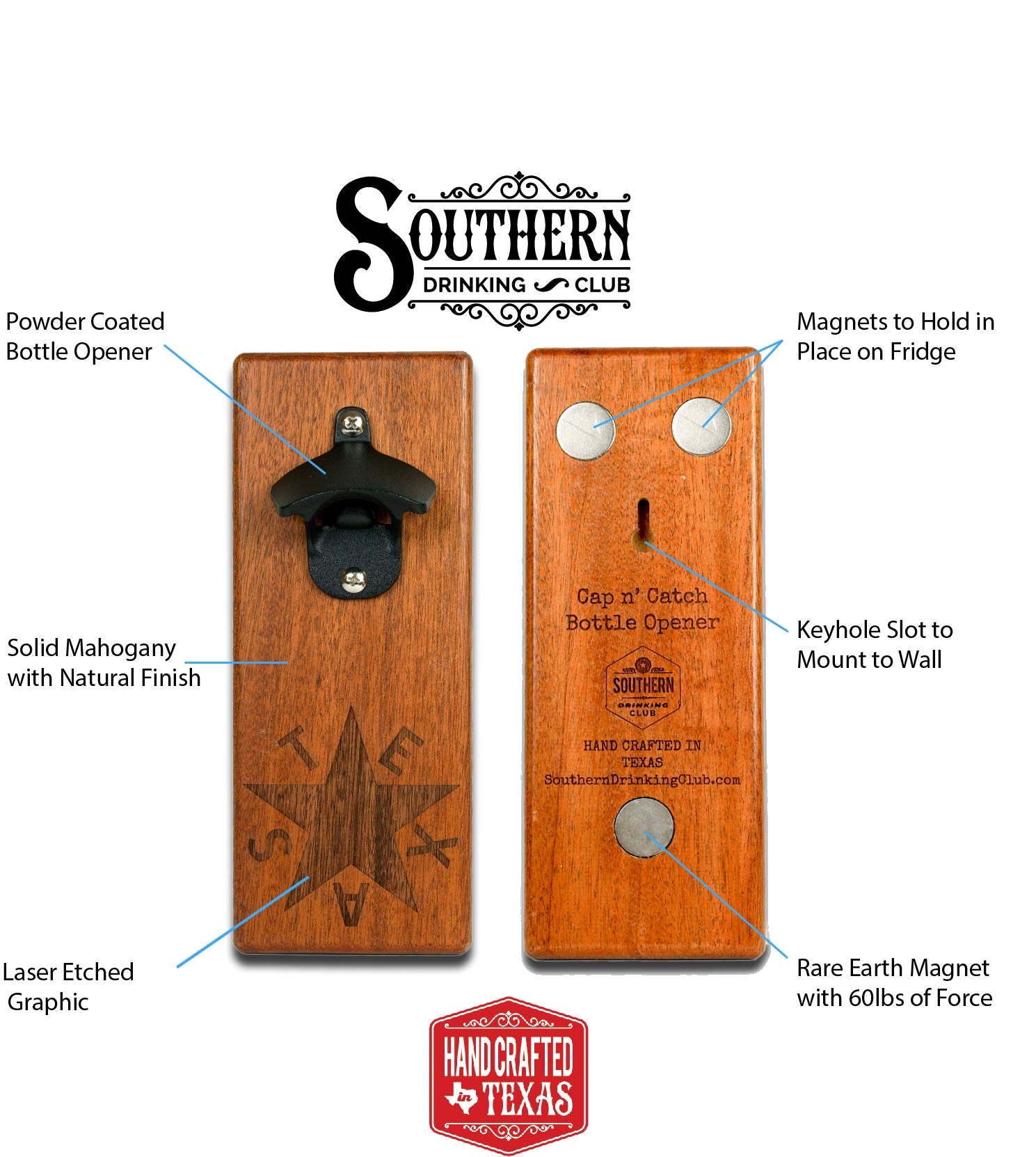Magnetic Bottle Opener - Republic of Texas - Mahogany
